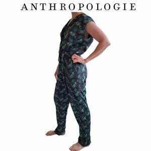 Anthropologie Eva Franco Green Leaf Print Jumpsuit Elastic Waist Medium Tie